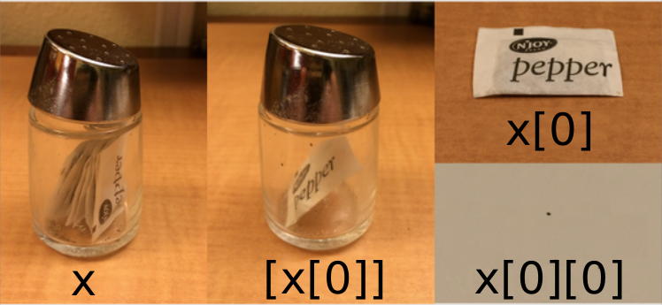 x is represented as a pepper shaker containing several packets of pepper. x\[0] is represented as a pepper shaker containing a single packet of pepper. x0 is represented as a single packet of pepper. x00 is represented as single grain of pepper. Adapted from @hadleywickham.