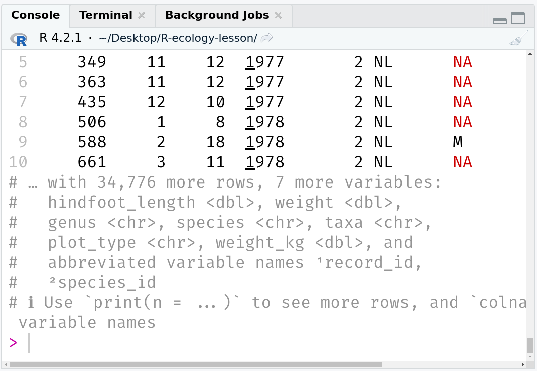 Zoomed-in R Studio console window showing the output of a tibble with 14 columns, 7 of which are not shown. The columns "weight" and "weight_kg" are among the columns not shown