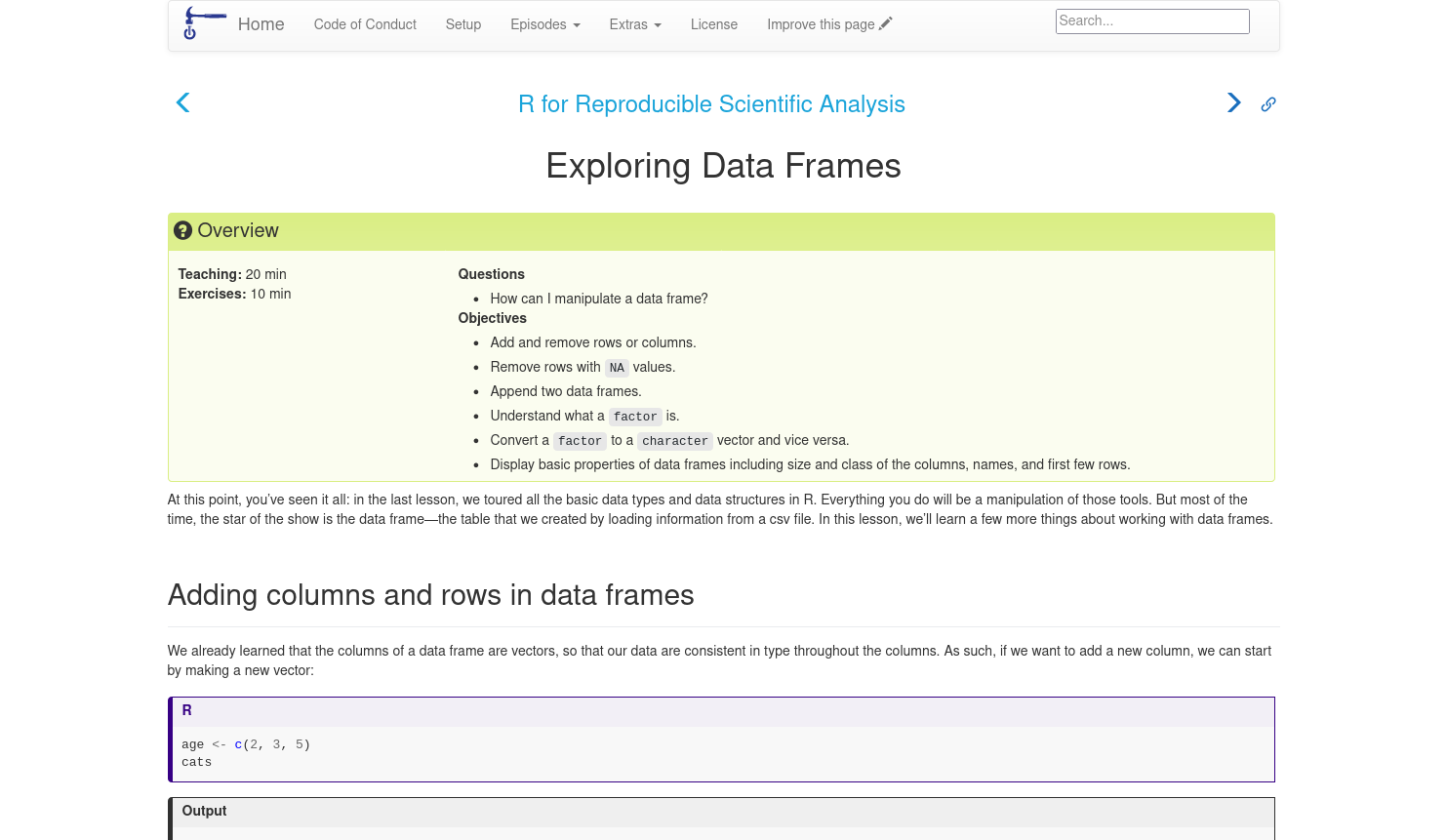 screenshot of the "Exploring Data Frames" episode from the "R for Reproducible Scientific Analysis" lesson from the Jekyll template. The website has a greenish-yellow "overview" block just below the header